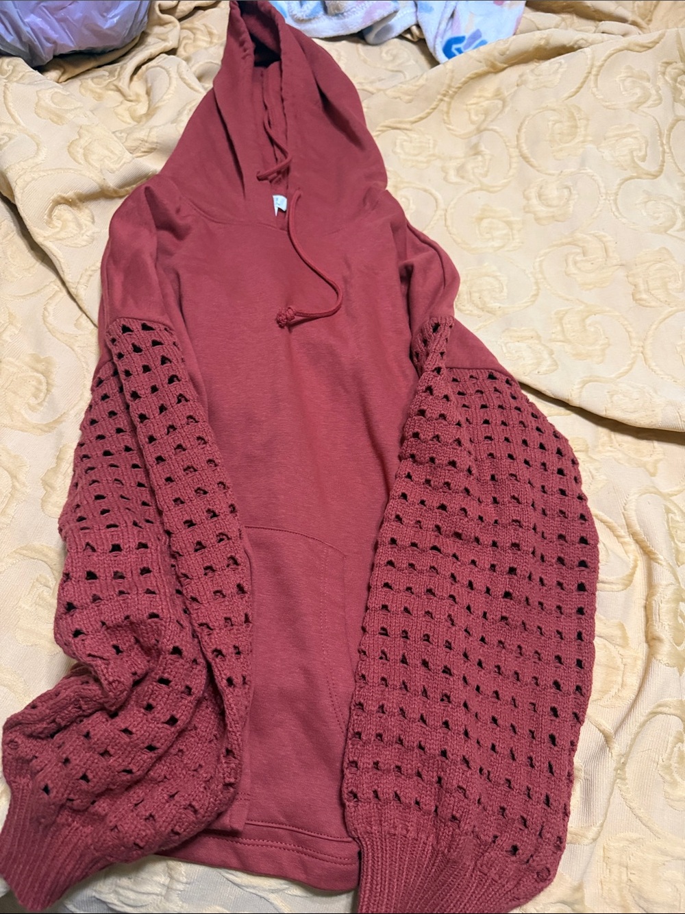 Time and Tru Hooded Pullover Sweater in Dusty Rose with Crochet Balloon Sleeves